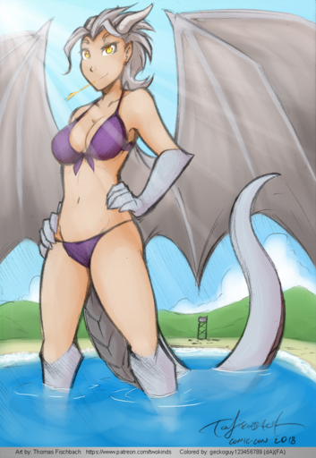 2018 5_fingers alternate_form animal_humanoid beach bikini biped breasts cleavage clothed clothing conditional_dnp dragon dragon_humanoid english_text eyelashes female fingers geckoguy123456789 gloves_(marking) hair hands_on_hips hi_res horn humanoid humanoid_pointy_ears lady_nora light lighting long_tail looking_at_viewer markings membrane_(anatomy) membranous_wings navel pale_skin partially_submerged patreon portrait pose scales scalie seaside short_hair sky smile smirk solo standing swimwear text thick_tail three-quarter_portrait tom_fischbach twokinds url water webcomic webcomic_character white_body white_hair white_scales white_tail white_wings wings yellow_eyes // 827x1200 // 1.3MB