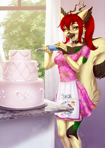 5_fingers alanscampos anthro cake clothed clothing day dessert eyelashes female fingers food hair hi_res inside mammal open_mouth orange_eyes pink_nose red_hair smile solo standing teeth window // 1060x1500 // 740KB