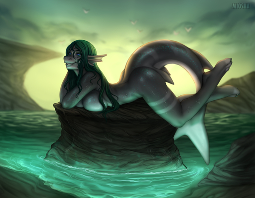 anthro big_breasts breast_rest breasts detailed_background digital_media_(artwork) female fin fish green_hair hair marine miosha non-mammal_breasts nude outside shark smile solo water // 1000x780 // 634.7KB