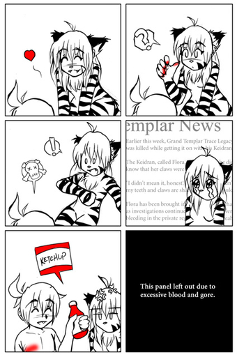 ! ? anthro black_and_white blood bodily_fluids breasts casual_nudity comic conditional_dnp duo english_text felid female flora_(twokinds) food human keidran ketchup male mammal monochrome naturally_censored nude pantherine shocked sketch skull_and_crossbones text tiger tom_fischbach trace_legacy twokinds webcomic webcomic_character // 424x638 // 100.2KB