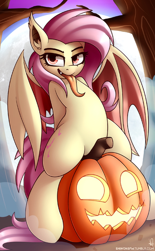 2015 absurd_res bat_pony bat_wings biped cutie_mark digital_media_(artwork) equid equine fangs female feral flutterbat_(mlp) fluttershy_(mlp) food fruit fur hair hi_res holidays horse hybrid long_hair looking_at_viewer mammal membrane_(anatomy) membranous_wings moon night nude outside pink_hair plant pony pumpkin red_eyes shinodage smile solo tongue tongue_out vampire wings // 1767x2863 // 3.1MB