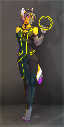 2014 anthro barefoot biped canid canine canis clothing cyberpunk digital_media_(artwork) f-r95 feet female glowing green_eyes hi_res identity_disc looking_at_viewer mammal science_fiction solo suit tron tron:_legacy tron_legacy wolf // 1018x2000 // 1.3MB