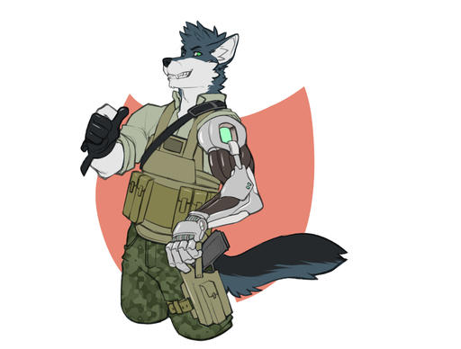 2016 5_fingers absurd_res anthro black_body black_fur black_nose camo canid canine canis chest_rig clothed clothing cybernetics digital_media_(artwork) faint fingers fur gloves green_eyes grey_body grey_fur handwear hi_res holster looking_at_viewer machine male mammal multicolored_body multicolored_fur prosthetic prosthetic_arm prosthetic_limb sheathed_weapon simple_background smile solo standing white_body white_fur wolf // 3300x2500 // 1.3MB