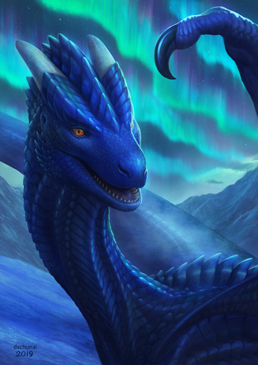 2019 ambiguous_gender blue_body blue_scales detailed_background digital_media_(artwork) dragon dschunai feral horn night open_mouth orange_eyes outside scales scalie sky smile solo star starry_sky teeth tongue western_dragon wings // 725x1025 // 1.3MB