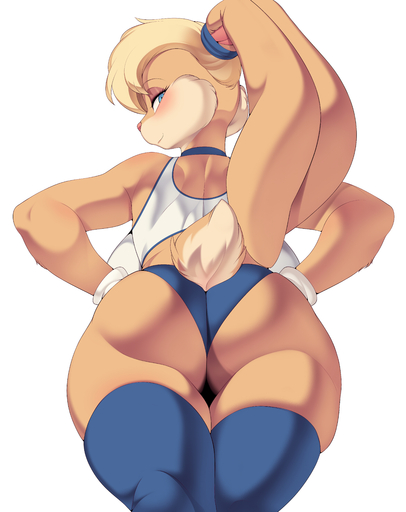 2022 absurd_res anthro blue_eyes blush butt cervina7_(artist) clothed clothing digital_media_(artwork) female hair hi_res lagomorph leporid lola_bunny long_ears looking_back mammal rabbit rear_view simple_background solo white_background // 5511x6958 // 9.0MB