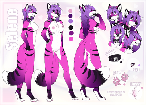 2015 anthro biped breasts canid canine casual_nudity chest_tuft collar color_swatch digital_media_(artwork) digitigrade english_text f-r95 fangs female fox fur genitals hair hi_res looking_at_viewer mammal model_sheet nipple_piercing nipples nude piercing purple_hair pussy selene_leni side_view smile solo standing text tongue tongue_out tuft // 1980x1420 // 1.4MB