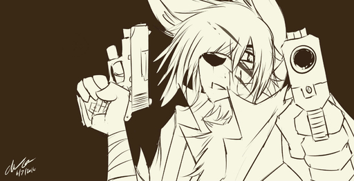 aiming_at_viewer arm_wraps blood bodily_fluids brown_and_white clothed clothing dual_wielding fur gun hair handgun hi_res holding_gun holding_object holding_weapon looking_at_viewer mafia monochrome pistol ranged_weapon saintversa weapon wraps // 1880x966 // 183.9KB