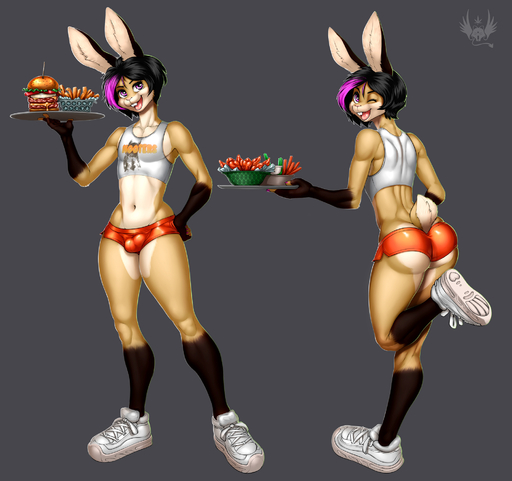 anthro bachy balls_outline black_hair bottomwear buckteeth bulge butt clothed clothing eldiman english_text femboy_hooters food footwear genital_outline girly grey_background hair hi_res highlights_(coloring) holding_tray lagomorph leporid male mammal navel one_eye_closed open_mouth orange_clothing rabbit shirt simple_background skimpy solo tank_top teeth text text_on_clothing text_on_shirt text_on_tank_top text_on_topwear tight_clothing tongue topwear wide_hips wink // 2000x1879 // 672.9KB