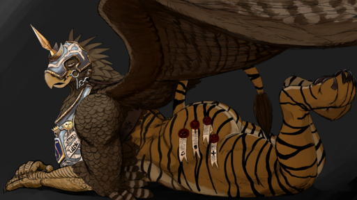 16:9 anthro armor avian barefoot beak big_butt biped black_pawpads brown_body brown_feathers brown_fur butt deathclaw_(warhammer_fantasy) feathered_wings feathers feet fur gryphon headgear helmet hi_res hindpaw hladilnik looking_at_viewer lying male muscular muscular_anthro muscular_male mythological_avian mythology on_front pawpads paws solo striped_body striped_fur stripes thick_thighs video_games warhammer_(franchise) warhammer_fantasy wax widescreen wings yellow_eyes // 1920x1080 // 1.6MB