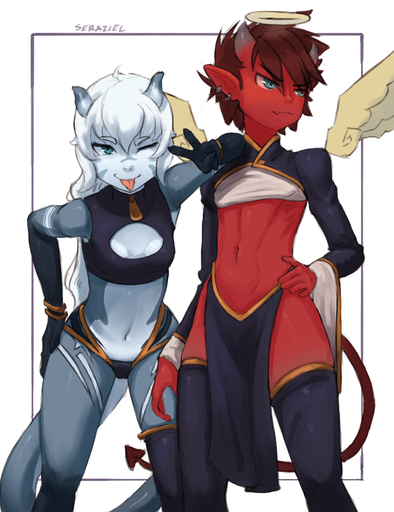 breasts clothed clothing demon digital_media_(artwork) duo ear_piercing ear_ring female hair halo hi_res horn horned_humanoid humanoid humanoid_pointy_ears looking_at_viewer male not_furry piercing red_body red_skin seraziel shaded simple_background small_breasts spade_tail zel_(seraziel) // 1250x1625 // 1.3MB