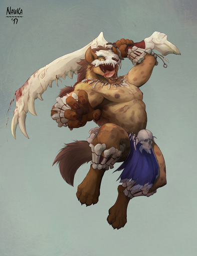 action_pose anthro armor blood bodily_fluids bone bottomwear claws clothed clothing digitigrade fangs fur gnoll hi_res hyaenid jewelry jumping leaping loincloth looking_at_viewer male mammal mane melee_weapon musclegut nawka necklace nipples open_mouth pose raised_arm scar skull solo spots spotted_body spotted_fur spotted_hyena suspended_in_midair sword toe_claws weapon yellow_eyes // 1150x1500 // 971.3KB
