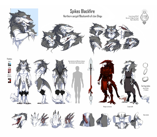 absurd_res accessory angry anthro anus armor biped black_body black_fur blue_eyes bored claws countershading ear_piercing english_text erection expression_sheet forked_tongue fur genitals grey_body grey_fur hair happy hi_res long_hair male melee_weapon model_sheet nude penis piercing polearm raesheris sad scar sergal side_view simple_background solo spear spikes_blackfire surprise text toe_claws tongue weapon white_background white_body white_fur // 4000x3500 // 5.2MB
