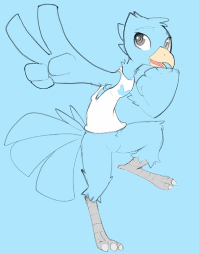 2019 3_toes anthro avian barefoot beak biped bird blue_body blue_feathers bottomless claws clothed clothing feather_hands feathers feet female gesture head_tuft hi_res logo looking_at_viewer meme shirt simple_background solo tail_feathers talons tank_top toe_claws toes topwear tuft tweetfur v_sign white_background zhanbow // 1374x1751 // 128.2KB