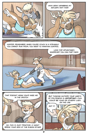 2016 adrian_gray anthro antlers blonde_hair bottomless breasts casual_exposure cervid clothed clothing comic dialogue dojo english_text featureless_crotch feet female fight fur hair hi_res hooves horn inside kangaroo macropod male mammal marsupial martial_arts muscular muscular_female open_mouth plantigrade pouch_(anatomy) rick_griffin shirt short_hair speech_bubble tan_body tan_fur tank_top text topwear // 876x1334 // 1.0MB
