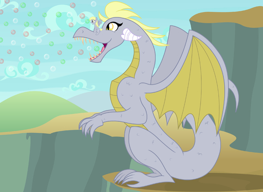 2019 alternate_species badumsquish blonde_hair bubble derpy_hooves_(mlp) dragon dragonification duo equid equine fangs female friendship_is_magic hair hi_res horn horse mammal my_little_pony pegasus scalie sharp_teeth sitting square_crossover teeth western_dragon wings // 2952x2160 // 656.4KB