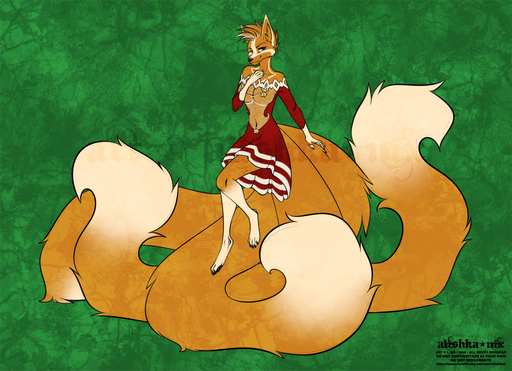 2019 4_toes 5_fingers alishka anthro blue_eyes breasts canid canine clothed clothing digital_media_(artwork) digitigrade dreamspinner feet female fingers fox fur gluneria_fullin green_background green_eyes long_tail mammal multi_tail navel orange_body orange_fur simple_background smile solo toes // 1280x928 // 1.3MB
