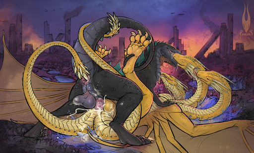 2021 2_tails 3_heads anal anal_penetration balls bodily_fluids claws cum cum_in_ass cum_inside destruction detailed_background dragon duo ejaculation feral firael genital_fluids genitals godzilla godzilla_(series) hi_res hydra kaiju king_ghidorah kiss_on_lips kissing male malemale male_penetrated male_penetrating male_penetrating_male monster multi_head multi_tail penetration penis rear_view reptile scales scalie sex toho tongue tongue_out wings yellow_body yellow_scales zilla // 2000x1208 // 3.5MB
