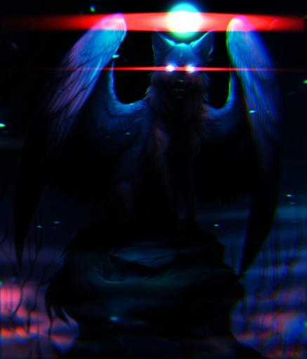 ambiguous_gender black_lips black_nose canid canine canis claws edit feathered_wings feathers feral fluffy fluffy_tail glowing glowing_eyes hindpaw hioshiru hybrid lips looking_at_viewer mammal open_mouth paws sitting solo spiritthelonewolf26 teeth wings wolf // 939x1100 // 910KB