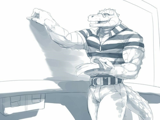 abs anthro belt book bottomwear chalk chalkboard classroom clothed clothing crocodile crocodilian crocodylid eyewear fully_clothed glasses greyscale holding_book holding_chalk holding_object information_board inside looking_at_viewer male monochrome muscular muscular_anthro muscular_male null-ghost pants pecs reptile scalie school shirt smile solo t-shirt teacher three-quarter_view tight_clothing topwear // 1000x751 // 123.8KB