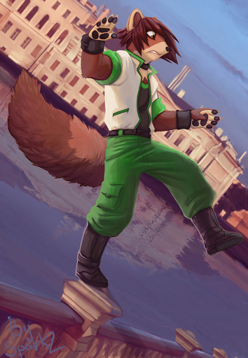5_fingers anthro belt biped black_nose boots bottomwear brown_body brown_eyes brown_fur brown_hair building cargo_pants claws clothed clothing day detailed_background digital_media_(artwork) digital_painting_(artwork) dutch_angle fingers fluffy fluffy_tail footwear frown fully_clothed fur gulonine hair hi_res iskra jacket konrad_zengel male mammal marten mustelid musteline off-balance on_one_leg outside pants railing reflection rolled_up_sleeves shirt short_hair solo standing tan_body tan_fur topwear water wristband // 1500x2169 // 1.8MB