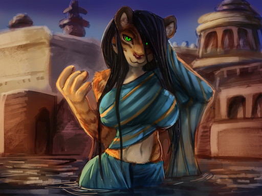 anthro big_breasts black_hair breasts brown_body brown_fur day digital_media_(artwork) felid female fur general-irrelevant green_eyes hair long_hair looking_at_viewer mammal navel outside pantherine smile solo striped_body stripes tiger water wet // 1440x1080 // 865KB