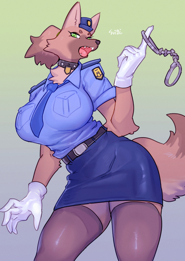anthro big_breasts bottomwear breasts canid canine clothing female handcuffs hi_res mammal police shackles skirt solo sususuigi // 900x1267 // 995.2KB