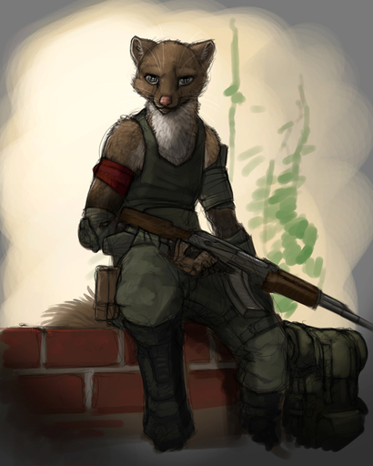 2015 4:5 anthro brown_body brown_fur clothed clothing fully_clothed fur gun holding_gun holding_object holding_weapon ipoke mammal mustelid pink_nose ranged_weapon shirt sitting solo tank_top topwear weapon whiskers white_body white_fur // 640x800 // 260KB