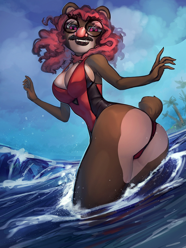 2022 3:4 5_fingers anthro breasts brown_body brown_fur brown_nose butt carly_bear clothing cloud day digital_media_(artwork) female fingers fur general-irrelevant groucho_glasses hair hi_res looking_at_viewer mammal one-piece_swimsuit open_mouth outside palm_tree plant red_eyes red_hair smile solo swimwear tree ursid water // 1080x1440 // 888.4KB