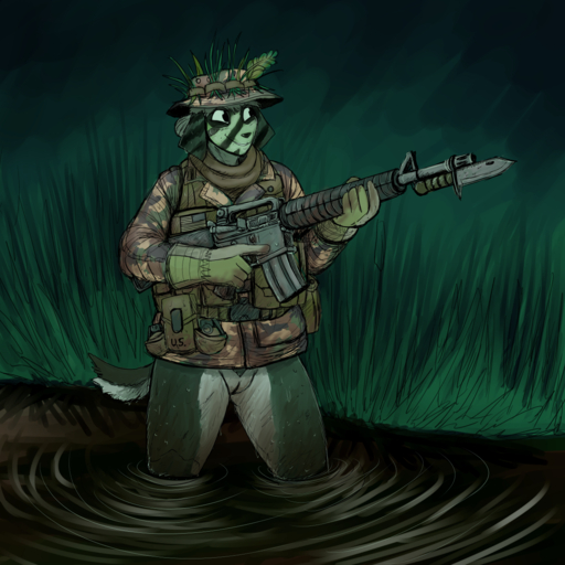 1:1 2018 anthro ar-15 armor assault_rifle bayonet bodypaint bottomless camo canid canine canis clothed clothing detailed_background domestic_dog explosives female genitals gloves grenade gun handwear hat headgear headwear hi_res hladilnik holding_gun holding_object holding_weapon knife looking_aside m16 mammal military military_uniform no_underwear portrait pussy ranged_weapon rifle samantha_thott smile solo standing three-quarter_portrait trigger_discipline uniform us_flag water weapon // 1280x1280 // 1.5MB