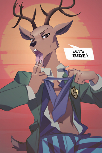 2020 2:3 anthro antlers bottomwear brown_body brown_fur cervid cervine clothing finger_fetish finger_lick finger_play fingers fur half-closed_eyes horn jacket licking louis_(beastars) male mammal miles_df narrowed_eyes necktie pants red_deer seductive solo tongue tongue_out topwear undressing // 600x900 // 443.9KB