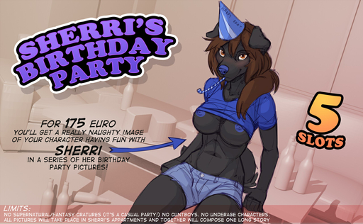 2015 anthro big_breasts biped birthday black_body black_fur blue_nipples blue_nose blush bottle bottomwear breasts brown_eyes brown_hair cake canid canine canis clothed clothing clothing_lift denim denim_clothing dessert domestic_dog english_text female floppy_ears fluffy fluffy_tail food fur hair hat headgear headwear humanoid_hands inside jeans long_hair looking_at_viewer mammal midriff navel nipples pants party_hat profanity sherri_mayim shirt shirt_lift shorts sitting smile solo text topwear wolfy-nail // 1280x790 // 330.6KB