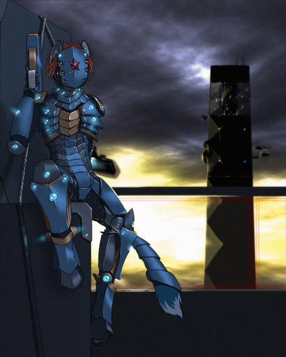 2011 4:5 aircraft armor building chazcatrix cloud crate female gun hair looking_at_viewer machine outside power_armor ranged_weapon red_hair sitting sky skyscraper solo sun unknown_species weapon // 800x1000 // 540.9KB