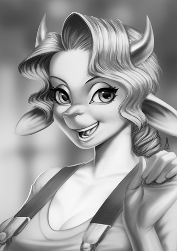 2016 alanscampos anthro bovid bovine breasts bust_portrait cattle cleavage clothed clothing english_text female grey_background hair hi_res horn long_hair looking_at_viewer mammal melisa monochrome open_mouth overalls portrait signature simple_background smile solo teeth text tongue // 905x1280 // 161.5KB