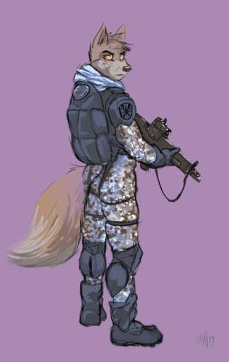 anthro armor assault_rifle backpack beol boots camo canid canine canis clothing combat_boots combat_gear digital_media_(artwork) footwear gun hi_res infantry male mammal marsonaut ranged_weapon rifle scarf shoulder_pads sketch soldier solo thigh_strap uniform warrior weapon wolf // 760x1200 // 482.0KB