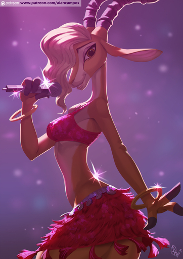 2017 3_fingers abstract_background alanscampos antelope anthro blonde_hair bovid bracelet breasts brown_eyes butt butt_pose clothed clothing female fingers fur gazelle gazelle_(zootopia) grant's_gazelle hair hi_res holding_object horn jewelry looking_at_viewer looking_back mammal medium_breasts microphone nanger pose rear_view smile solo true_antelope // 1414x2000 // 1.0MB