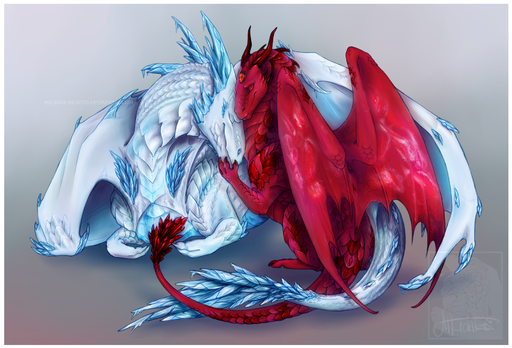 2016 arsauron border digital_media_(artwork) dragon duo embrace feral hi_res horn hug lying membrane_(anatomy) membranous_wings red_body red_scales scales scalie simple_background smile western_dragon white_body white_border white_scales wings // 1846x1253 // 2.0MB