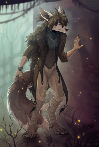 2015 anthro biped black_nose brown_hair brown_tail canid canine canis cervid clothed clothing detailed_background full-length_portrait grey_eyes hair hi_res hioshiru horn hybrid looking_at_viewer male mammal portrait signature solo standing teeth wolf // 861x1280 // 1.1MB