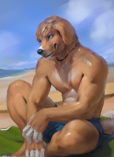 2018 abs anthro athletic athletic_anthro athletic_male beach biped blue_eyes blush bottomwear canid canine canis chunie clothed clothing detailed_background digital_media_(artwork) domestic_dog fur hi_res jewelry male mammal necklace nipples on_towel outside seaside shorts sitting sky smile solo swimwear teeth topless towel water wet wet_body wet_fur // 930x1280 // 452.1KB