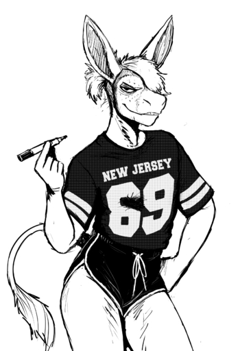 anthro asinus black_and_white bottomwear clothing dithering donk donkey equid equine hair hair_over_eye hi_res hladilnik horse hotpants male mammal marker monochrome one_eye_obstructed screentone shorts side_shave solo text text_on_clothing // 1280x1792 // 916.9KB