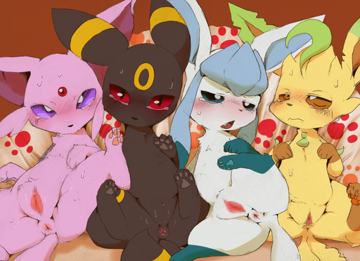 anus blue_sclera blush bodily_fluids brown_sclera butt censored dagasi digital_media_(artwork) eeveelution espeon female feral genitals glaceon group leafeon looking_at_viewer lying nintendo on_back one_leg_up pawpads paws pokemon pokemon_(species) presenting presenting_pussy purple_sclera pussy raised_leg red_sclera spread_legs spreading sweat take_your_pick tears umbreon video_games // 1000x727 // 1.1MB