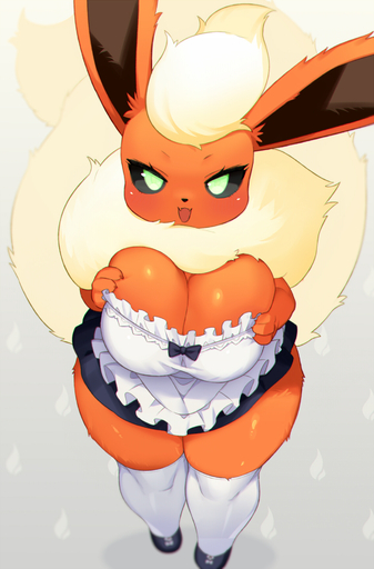 anthro anthrofied big_breasts blonde_hair breasts cleavage clothed clothing eeveelution female flareon hair hi_res kemono maid_uniform okiai_umi pokemon_(species) pokemorph solo uniform video_games // 1250x1900 // 427.4KB
