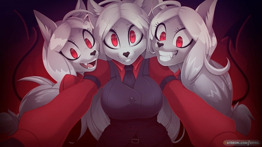 absurd_res anthro big_breasts breasts canid canid_demon cerberus_(helltaker) clothed clothing demon eipril female hair hellhound helltaker hi_res mammal red_eyes smile solo transformation white_hair // 4000x2250 // 547.5KB