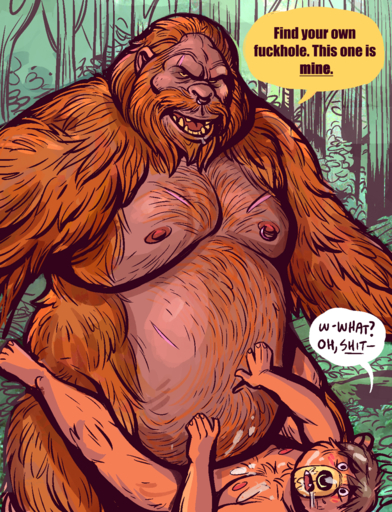 5_fingers anthro anthro_on_anthro ape austin_(night_physics) beard big_dom_small_sub blush bodily_fluids brown_body brown_fur brown_hair cum dialogue dominant dramamine duo english_text facial_hair facial_piercing fingers fur genital_fluids gigantopithecus gorilla hair haplorhine hi_res looking_at_viewer male malemale mammal musclegut navel nipple_piercing nipples nose_piercing nude obese outside overweight piercing primate profanity scar sex size_difference speech_bubble text ursid // 980x1280 // 1.9MB