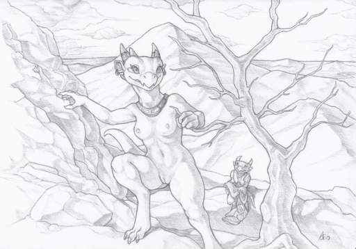 breasts claws cloud crestfallenartist duo ear_piercing ear_ring female genitals greyscale horn jewelry kobold monochrome mostly_nude navel necklace nipples non-mammal_breasts nude outside piercing plant pussy scalie sky solo_focus standing toe_claws traditional_media_(artwork) tree // 1200x839 // 1.4MB