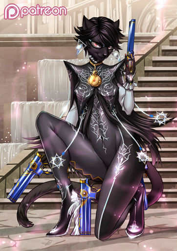 alanscampos anthro bayonetta_(character) biped black_hair clothing cosplay dual_wielding ear_piercing english_text eyewear felid female footwear fountain glasses gun hair high_heels holding_gun holding_object holding_weapon jewelry kneeling looking_at_viewer mammal necklace patreon_logo piercing ranged_weapon red_eyes shoes smile solo stairs text video_games weapon wide_hips // 777x1100 // 554.2KB