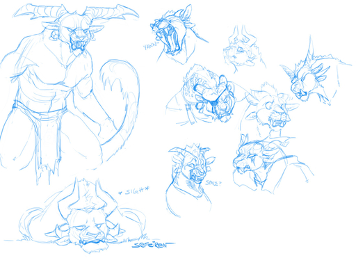 angry anthro blue_and_white blush bottomwear bust_portrait charr clothing conditional_dnp duo expression_sheet expressions eye_patch eyes_closed eyewear fangs felid female glare headshot_portrait horn loincloth looking_at_viewer male mammal monochrome multiple_poses open_mouth portrait pose sefeiren sketch smile surprise teeth tongue video_games yawn // 1100x797 // 272.8KB