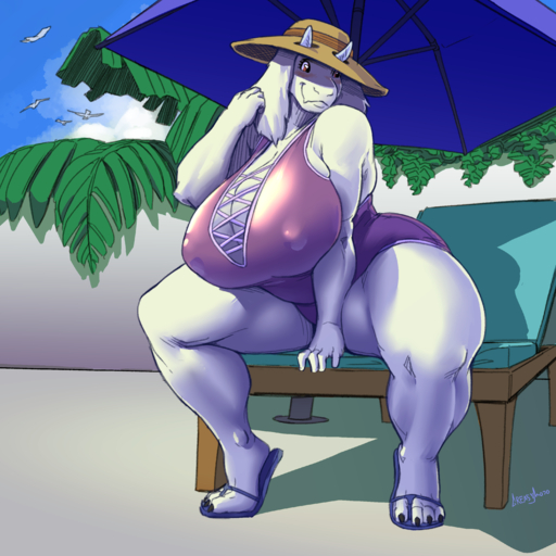1:1 2020 4_toes absurd_res anthro big_breasts blush boss_monster bovid breasts caprine cleavage clothed clothing curvy_figure feet female fur goat greasymojo hat headgear headwear hi_res horn huge_breasts huge_thighs mammal mature_anthro mature_female nipple_outline outside red_eyes signature sitting solo swimwear thick_thighs toes toriel undertale video_games voluptuous white_body white_fur // 3000x3000 // 4.5MB