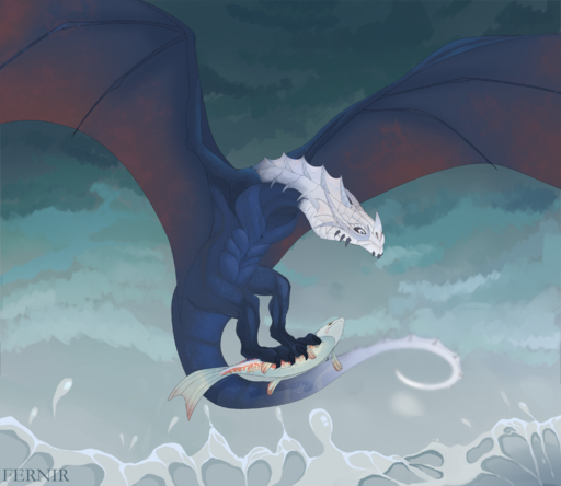 2019 absurd_res day detailed_background digital_media_(artwork) dragon feral fernir1 fin fish hi_res horn marine membrane_(anatomy) membranous_wings outside sky solo spines water wings wyvern // 3000x2600 // 3.4MB