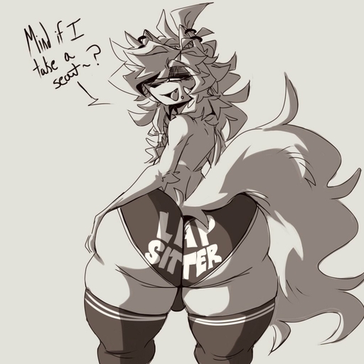 1:1 anthro big_butt bulge butt clothed clothing english_text girly huge_butt lavender_lily legwear looking_at_viewer looking_back looking_back_at_viewer male mammal text thick_thighs thigh_highs topless // 1000x1000 // 94KB