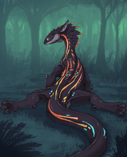2022 ambiguous_gender blue_eyes day detailed_background digital_media_(artwork) feet feral flamespitter forest garlicflamespitter grass hi_res lizard looking_at_viewer outside plant reptile scalie solo spines toes tree // 971x1200 // 683.5KB